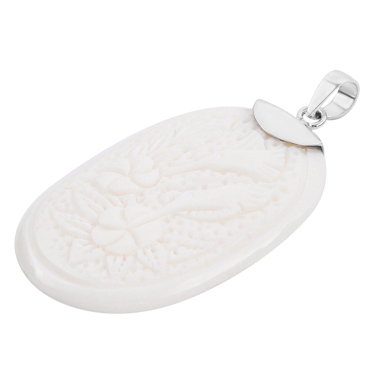 Bali Goddess Carved Bone Birds & Flower Pendant in Sterling Silver image number 2