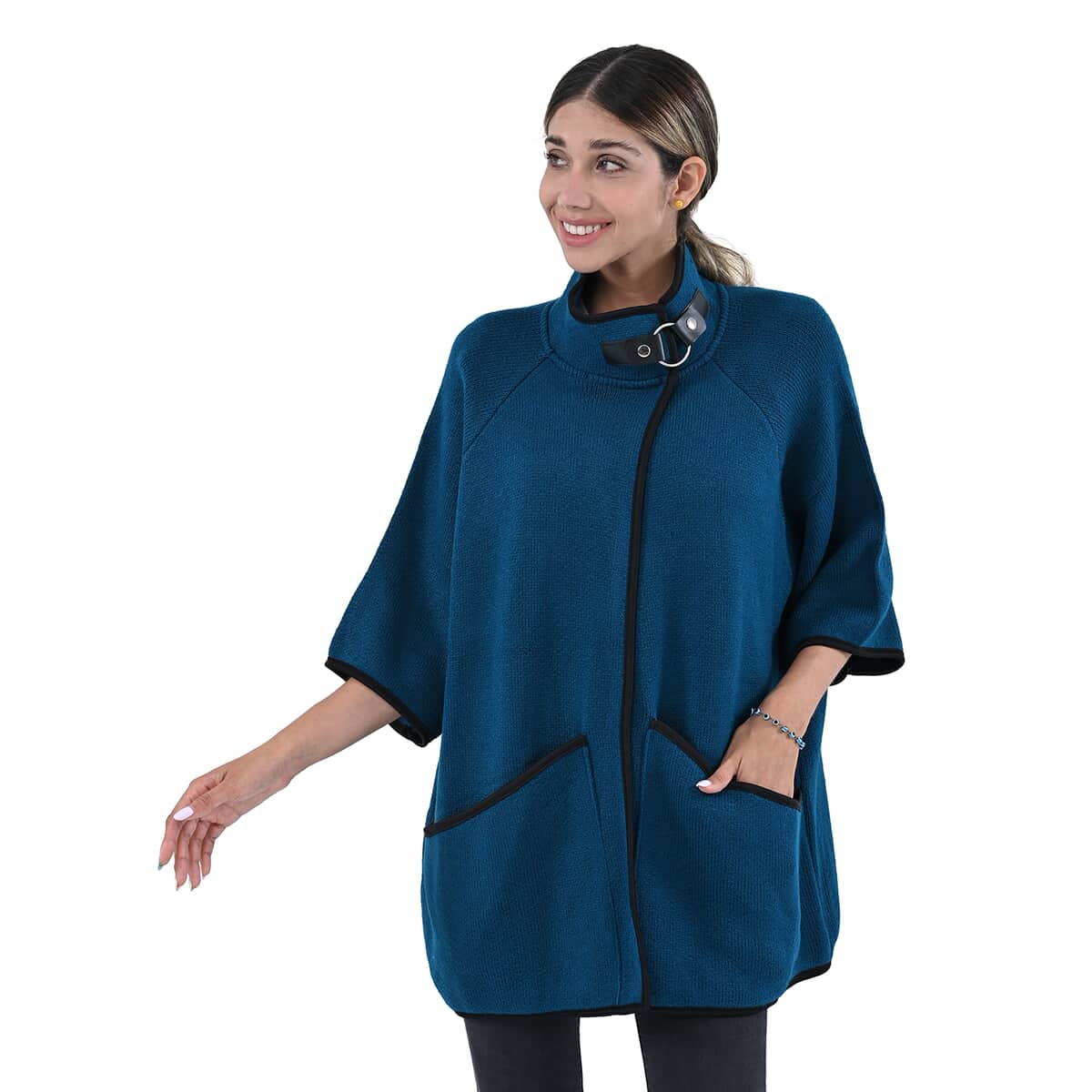 Passage Blue Knit Oversized Coat For Women with Stand Collar and Buckle - S/M image number 0
