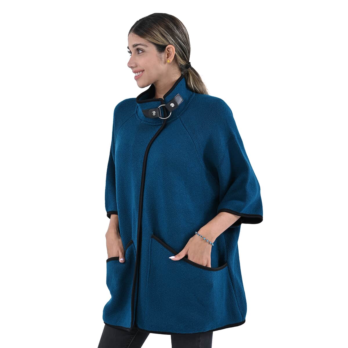 Passage Blue Knit Oversized Coat For Women with Stand Collar and Buckle - S/M image number 2