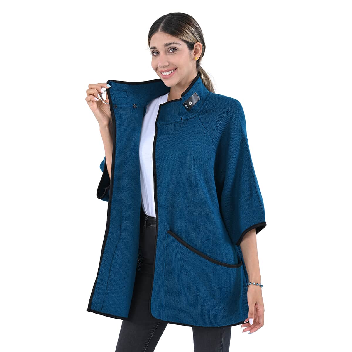 Passage Blue Knit Oversized Coat For Women with Stand Collar and Buckle - S/M image number 3