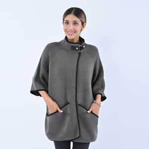 Passage Gray Knit Oversized Coat For Women with Stand Collar and Buckle - S/M