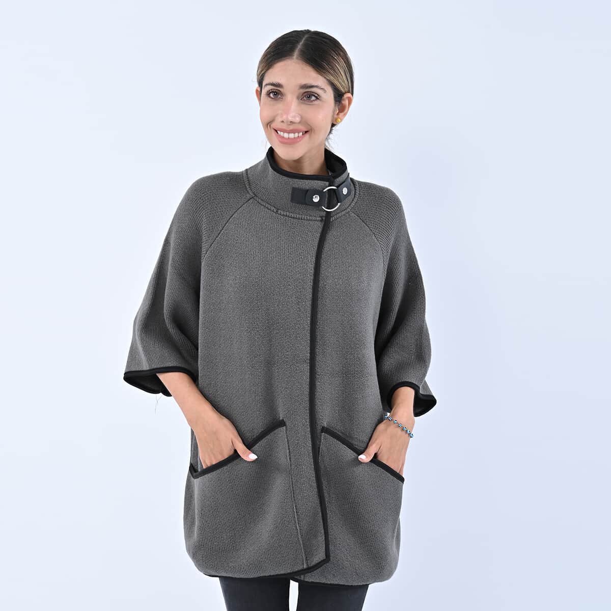 Passage Gray Knit Oversized Coat For Women with Stand Collar and Buckle - S/M image number 0
