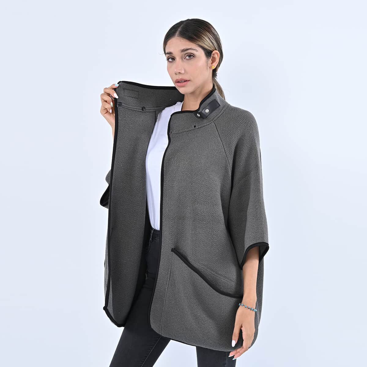 Passage Gray Knit Oversized Coat For Women with Stand Collar and Buckle - S/M image number 3