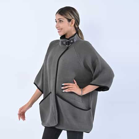 Passage Gray Knit Oversized Coat For Women with Stand Collar and Buckle - L/XL image number 2