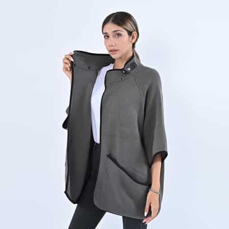 Passage Gray Knit Oversized Coat For Women with Stand Collar and Buckle - L/XL image number 3
