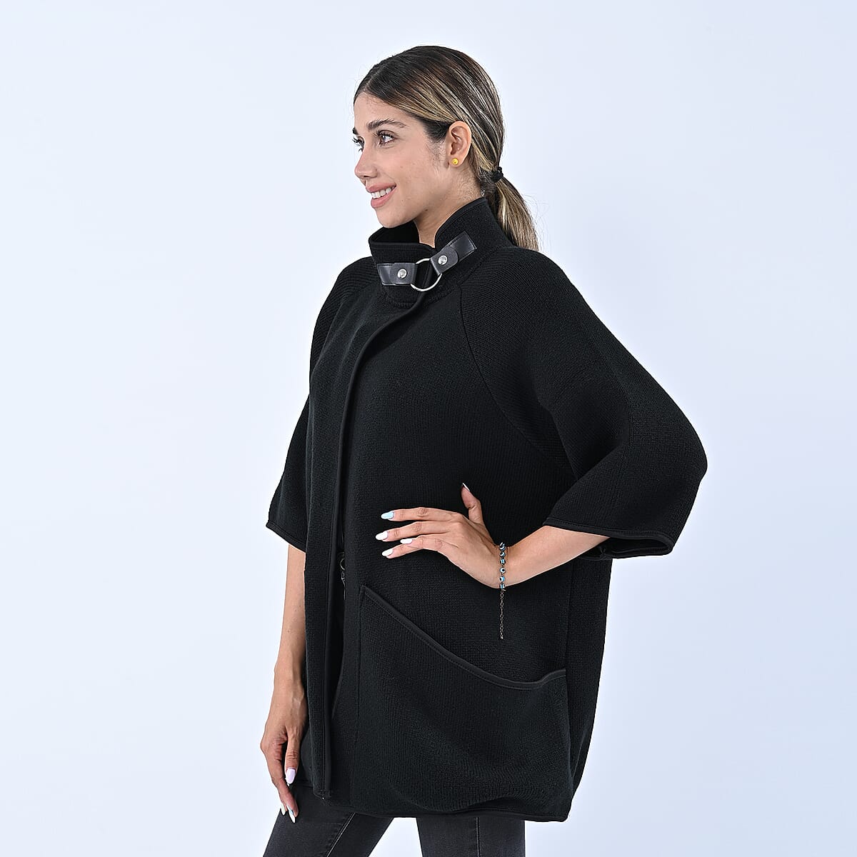Passage Black Knit Oversized Coat For Women with Stand Collar and Buckle - XL/XXL image number 2