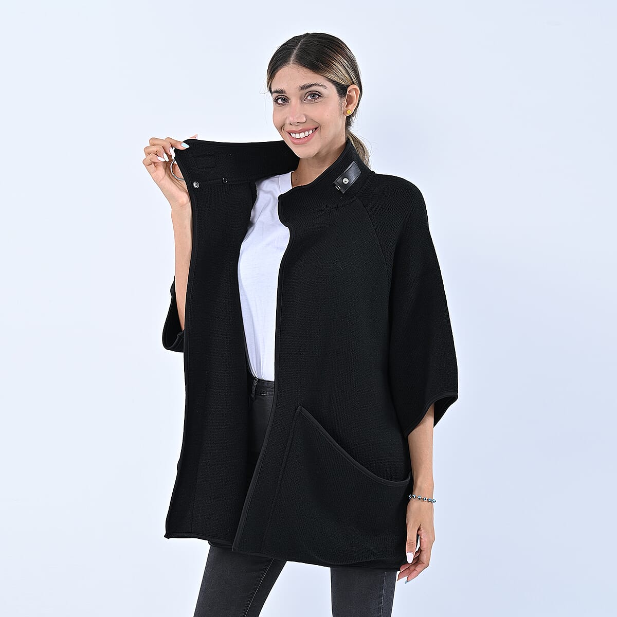 Passage Black Knit Oversized Coat For Women with Stand Collar and Buckle - XL/XXL image number 3