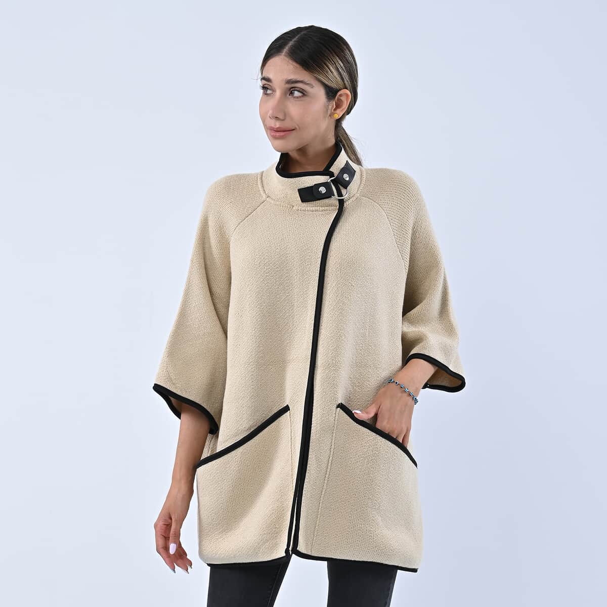 Passage Cream Knit Oversized Coat For Women with Stand Collar and Buckle - S/M image number 0