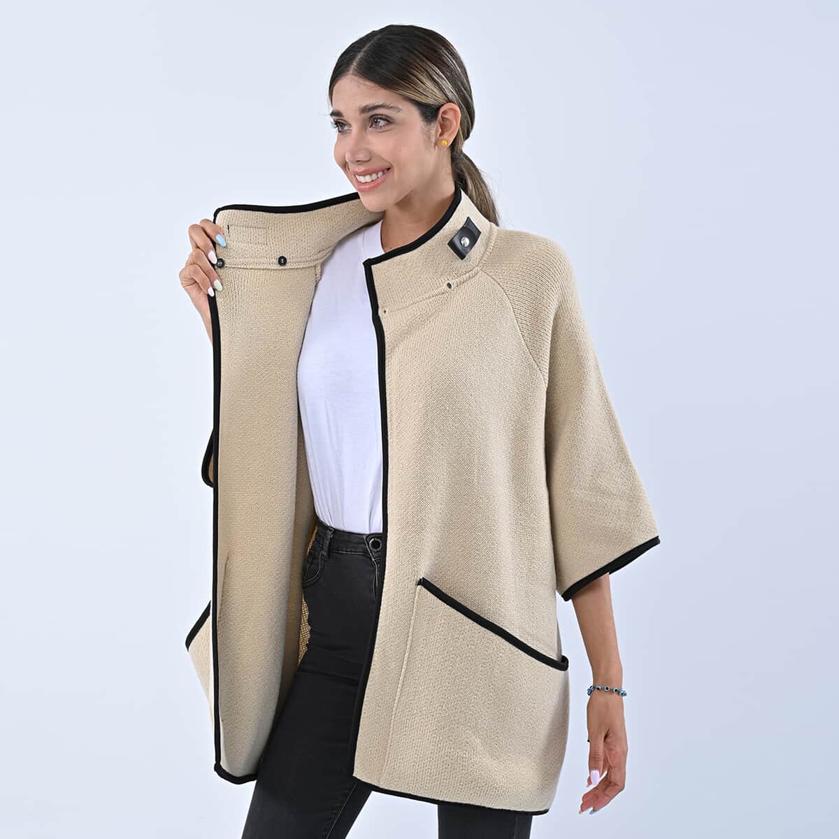Passage Cream Knit Oversized Coat For Women with Stand Collar and Buckle - S/M image number 3