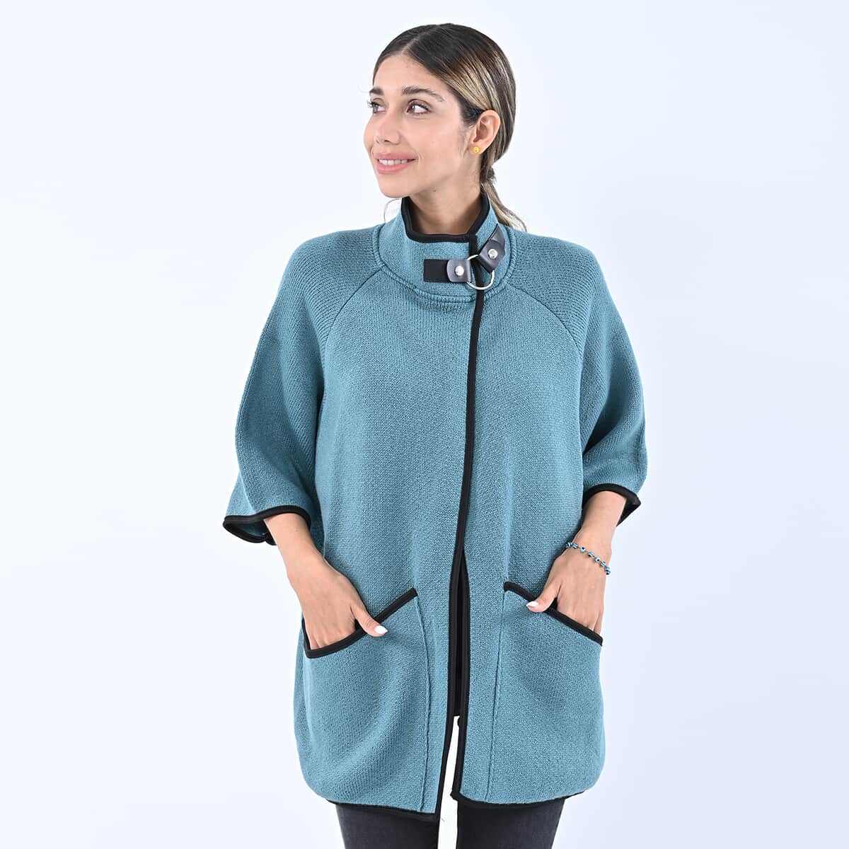 Passage Sky Blue Knit Oversized Coat For Women with Stand Collar and Buckle - S/M image number 0