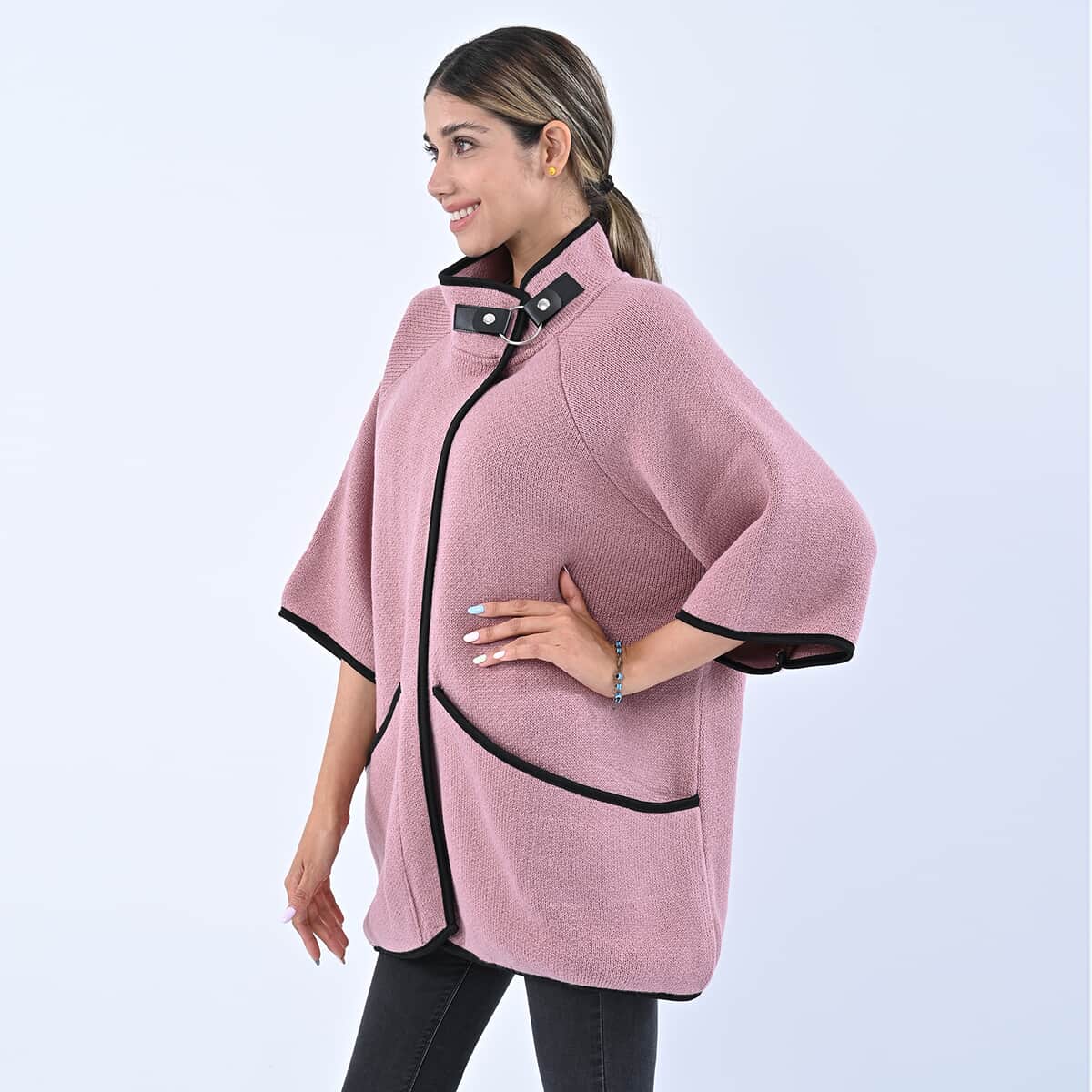 Passage Blush Knit Oversized Coat For Women with Stand Collar and Buckle - S/M image number 2