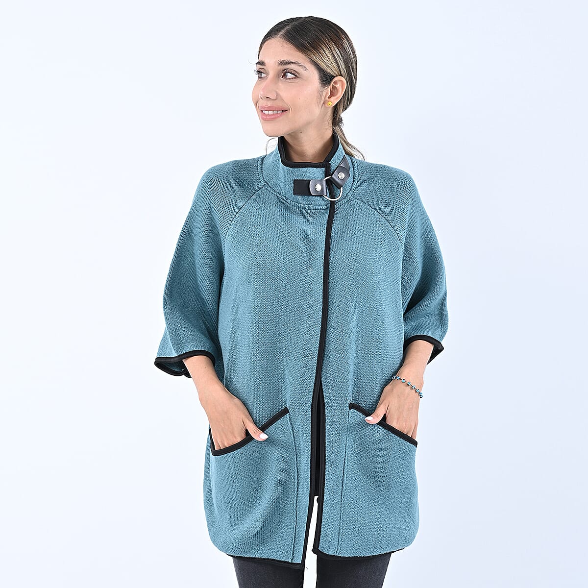 Passage Sky Blue Knit Oversized Coat For Women with Stand Collar and Buckle - L/XL image number 0