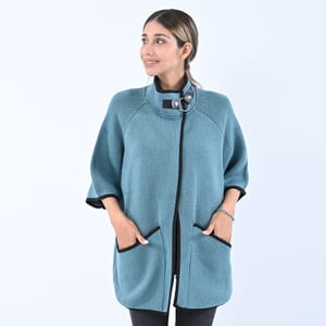 Passage Sky Blue Knit Oversized Coat For Women with Stand Collar and Buckle - L/XL
