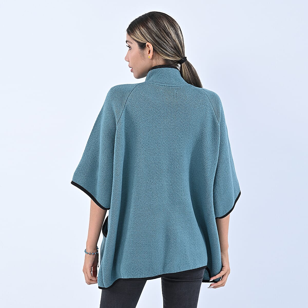 Passage Sky Blue Knit Oversized Coat For Women with Stand Collar and Buckle - L/XL image number 1