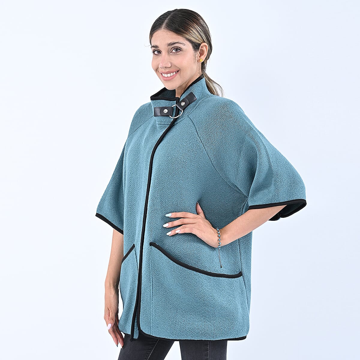 Passage Sky Blue Knit Oversized Coat For Women with Stand Collar and Buckle - L/XL image number 2