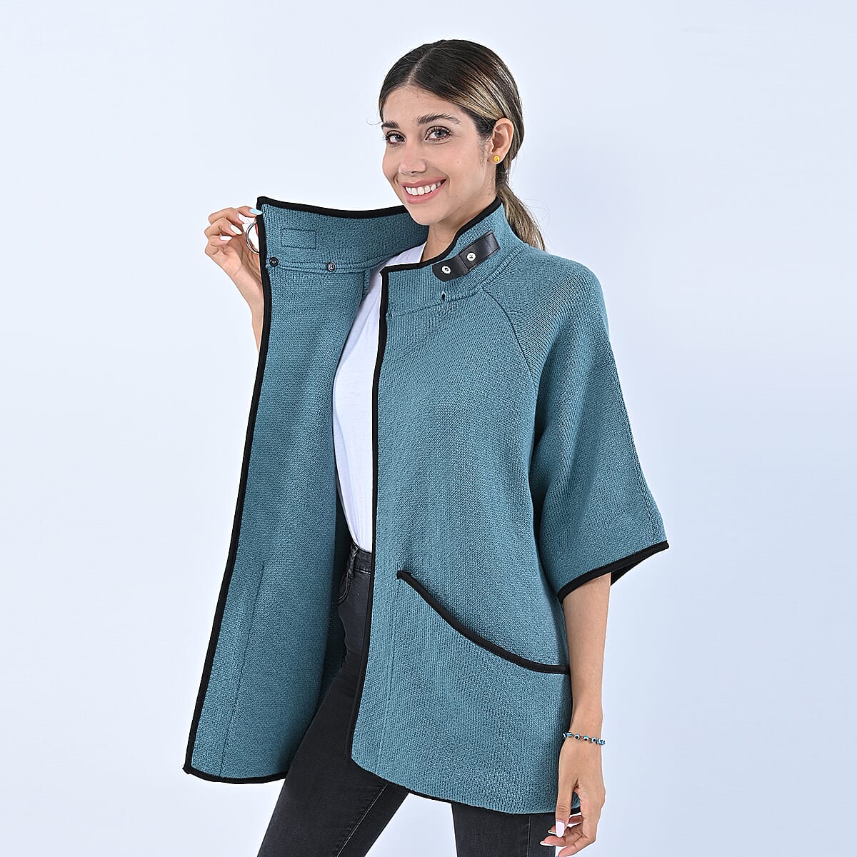 Passage Sky Blue Knit Oversized Coat For Women with Stand Collar and Buckle - L/XL image number 3