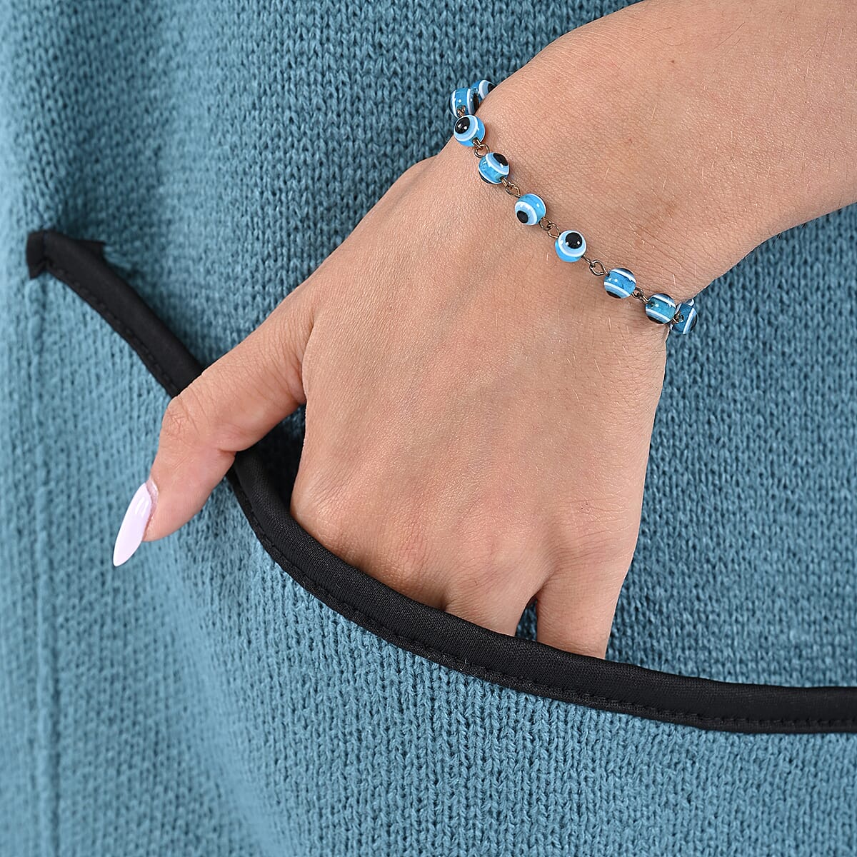 Passage Sky Blue Knit Oversized Coat For Women with Stand Collar and Buckle - L/XL image number 4