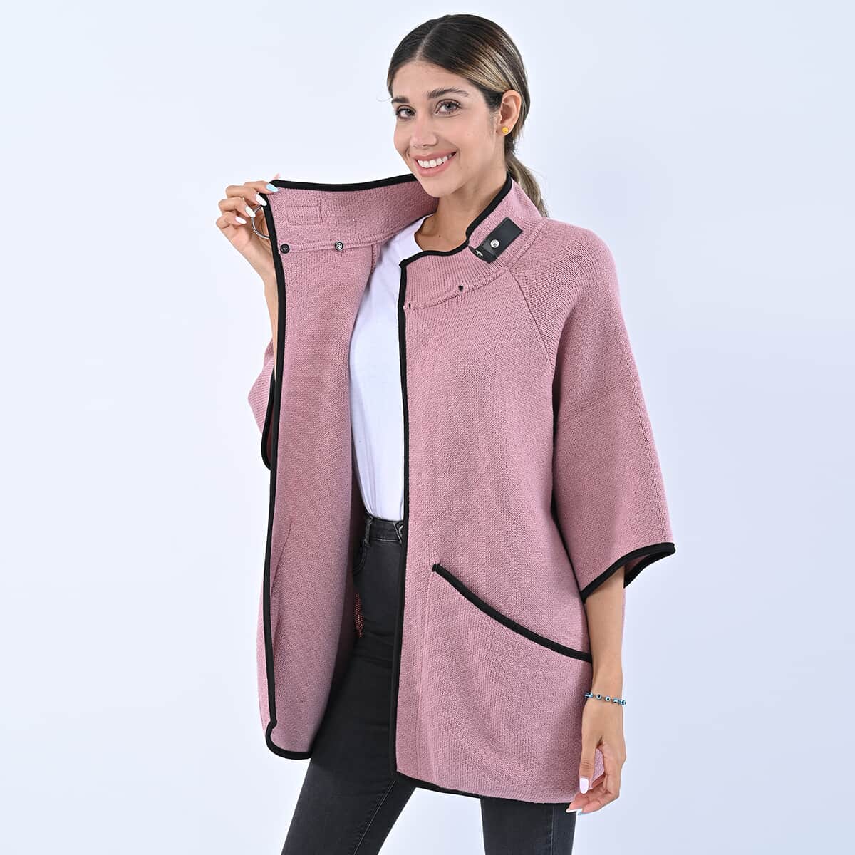 Passage Blush Knit Oversized Coat For Women with Stand Collar and Buckle - L/XL image number 3