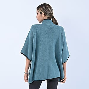 Passage Sky Blue Knit Oversized Coat For Women with Stand Collar and Buckle - XL/XXL