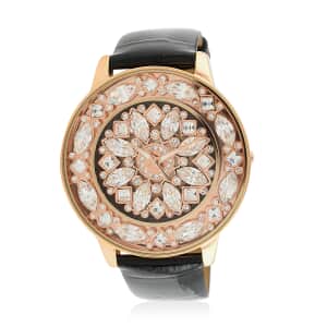 Adee Kaye Lafayette Austrian Crystal Japanese Movement Watch with Genuine Leather Strap in Black (45mm)