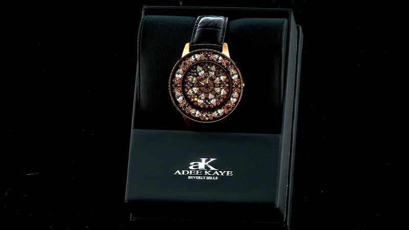 Adee Kaye Lafayette Austrian Crystal Japanese Movement Watch with Genuine Leather Strap in Black (45mm)