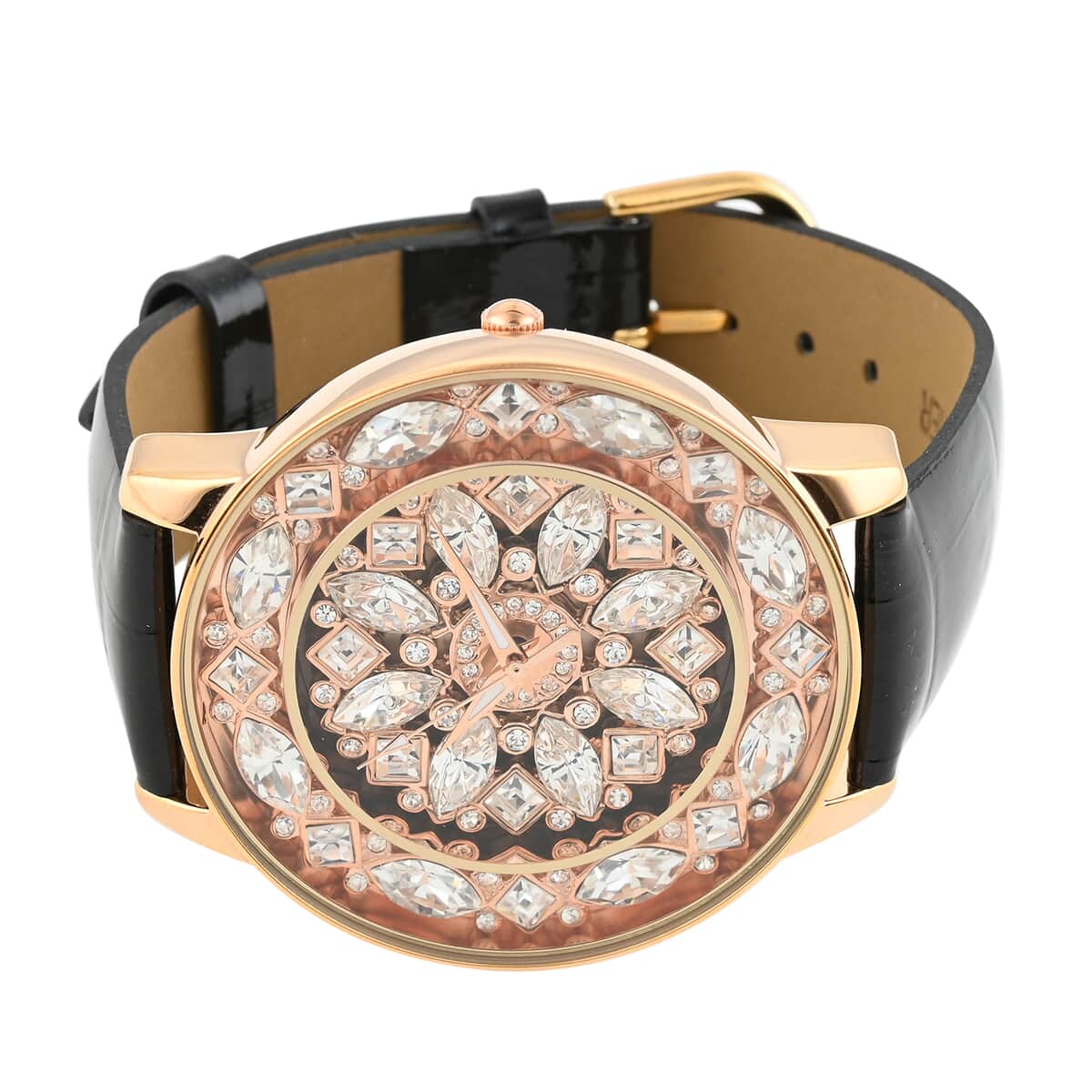 Adee Kaye Lafayette Austrian Crystal Japanese Movement Watch with Genuine Leather Strap in Black (45mm) image number 2