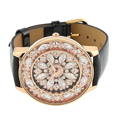 Adee Kaye Lafayette Austrian Crystal Japanese Movement Watch with Genuine Leather Strap in Black (45mm)