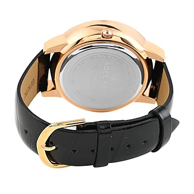 Adee Kaye Lafayette Austrian Crystal Japanese Movement Watch with Genuine Leather Strap in Black (45mm)