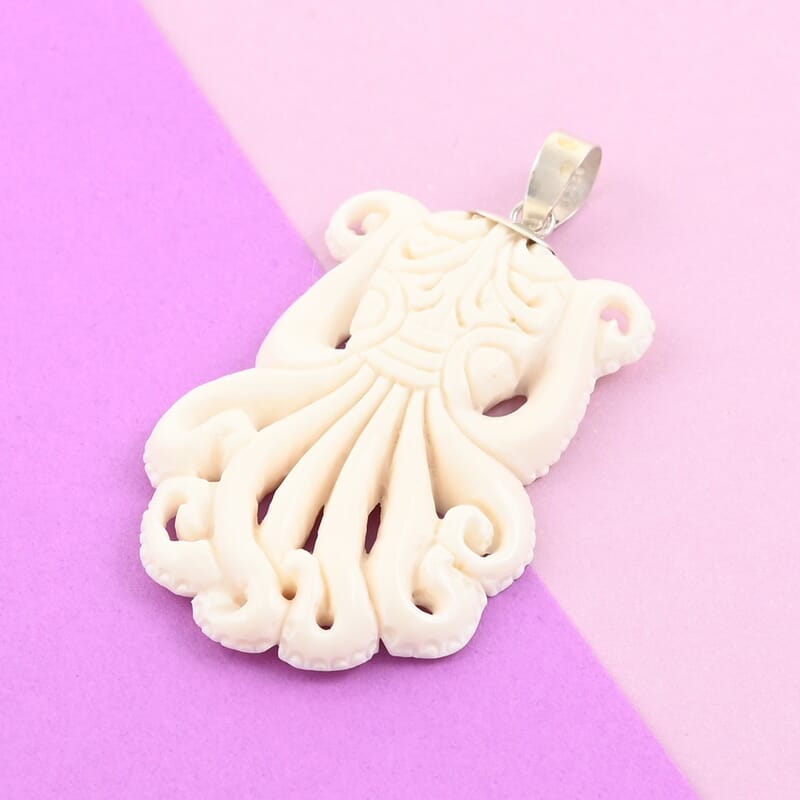 Carved Bone Octopus Pendant without Chain in Sterling Silver