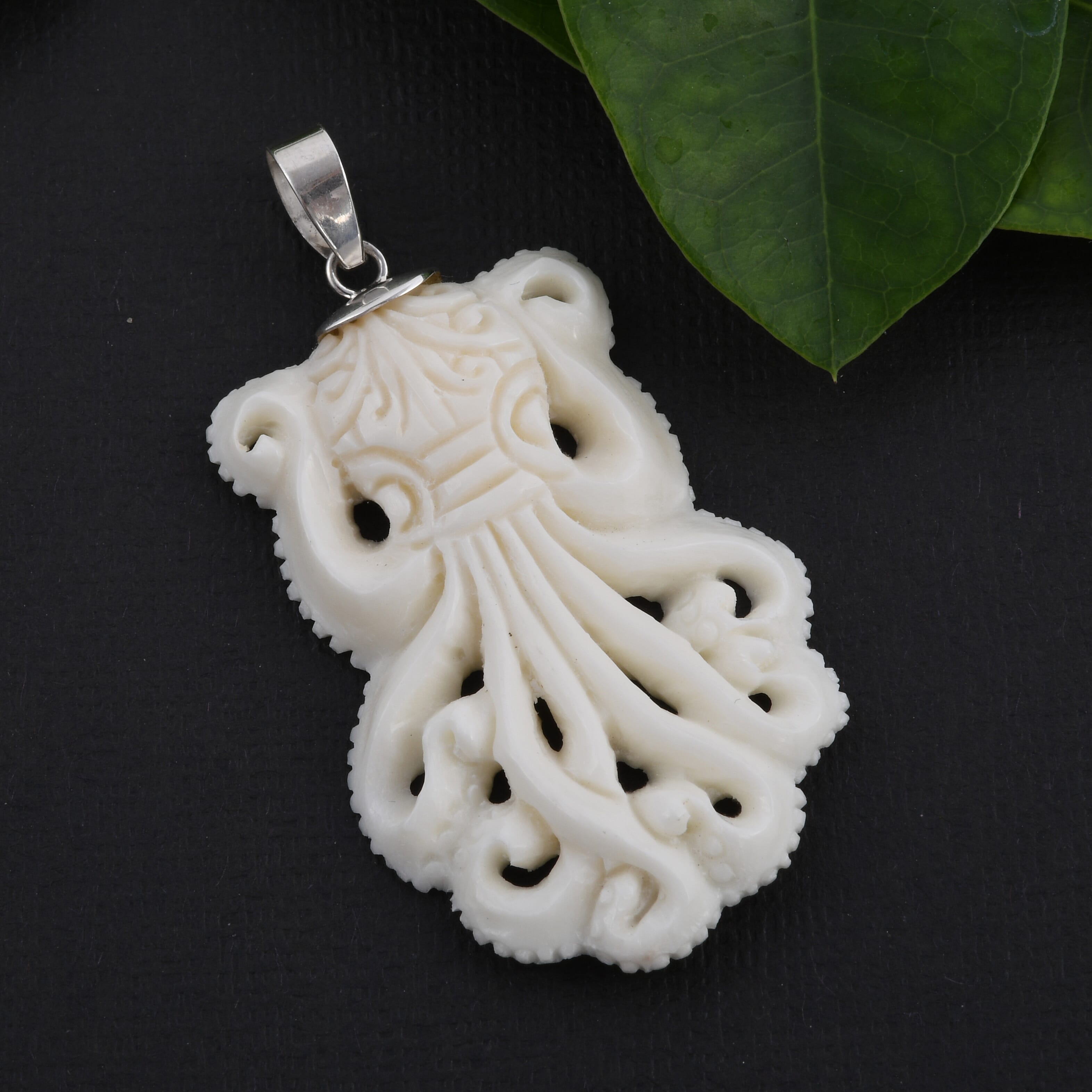 Carved Bone Octopus Pendant without Chain in Sterling Silver