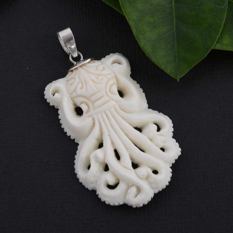 Carved Bone Octopus Pendant without Chain in Sterling Silver