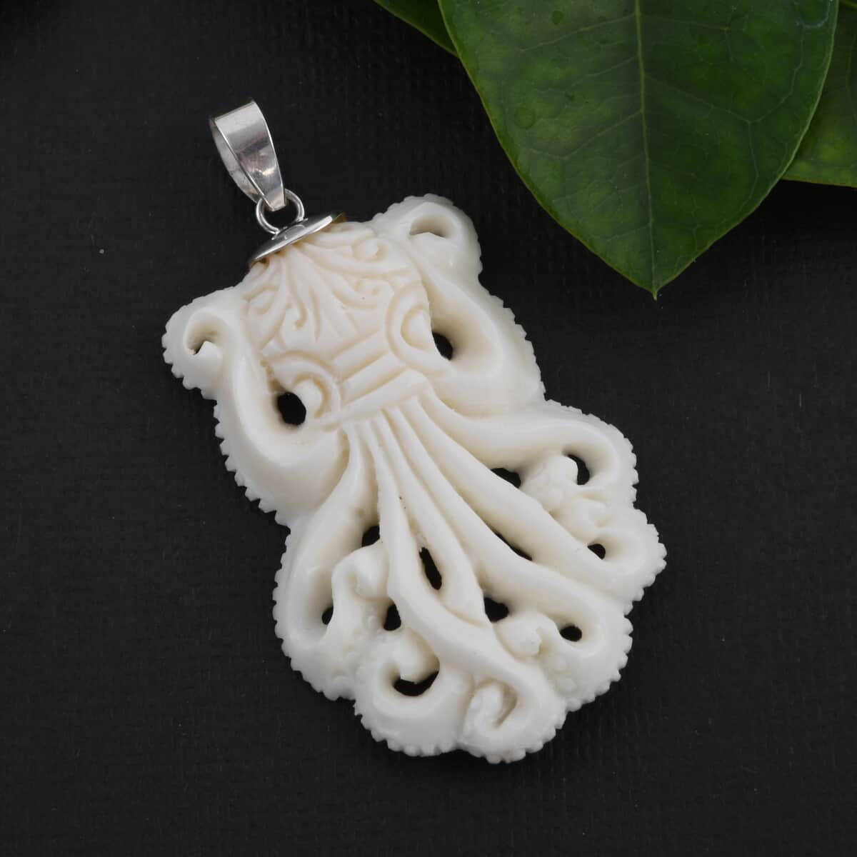 BALI GODDESS Carved Bone Octopus Pendant in Sterling Silver image number 5