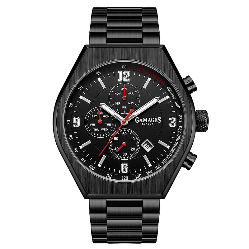Gamages of London Limited Edition Hand Assembled Enterprise Automatic Movement Watch in ION Plated Black Stainless Steel (45mm) with FREE GIFT PEN