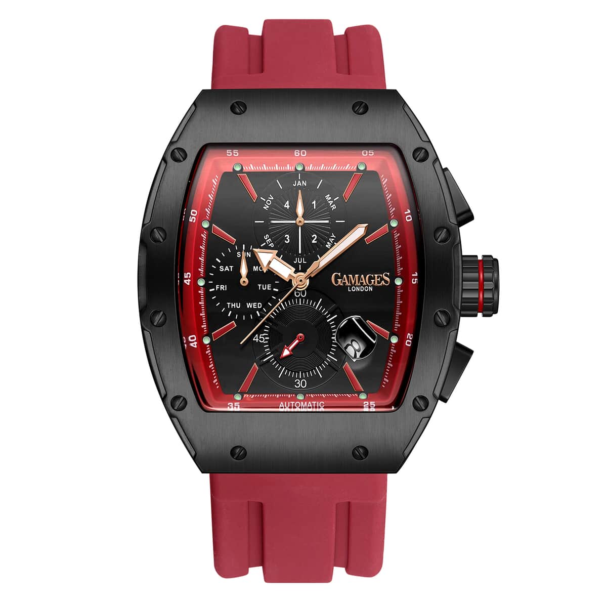 GAMAGES OF LONDON Limited Edition Hand Assembled Icon Automatic Movement Red Silicone Strap Watch in ION Plated Black (43mm) FREE GIFT PEN image number 0