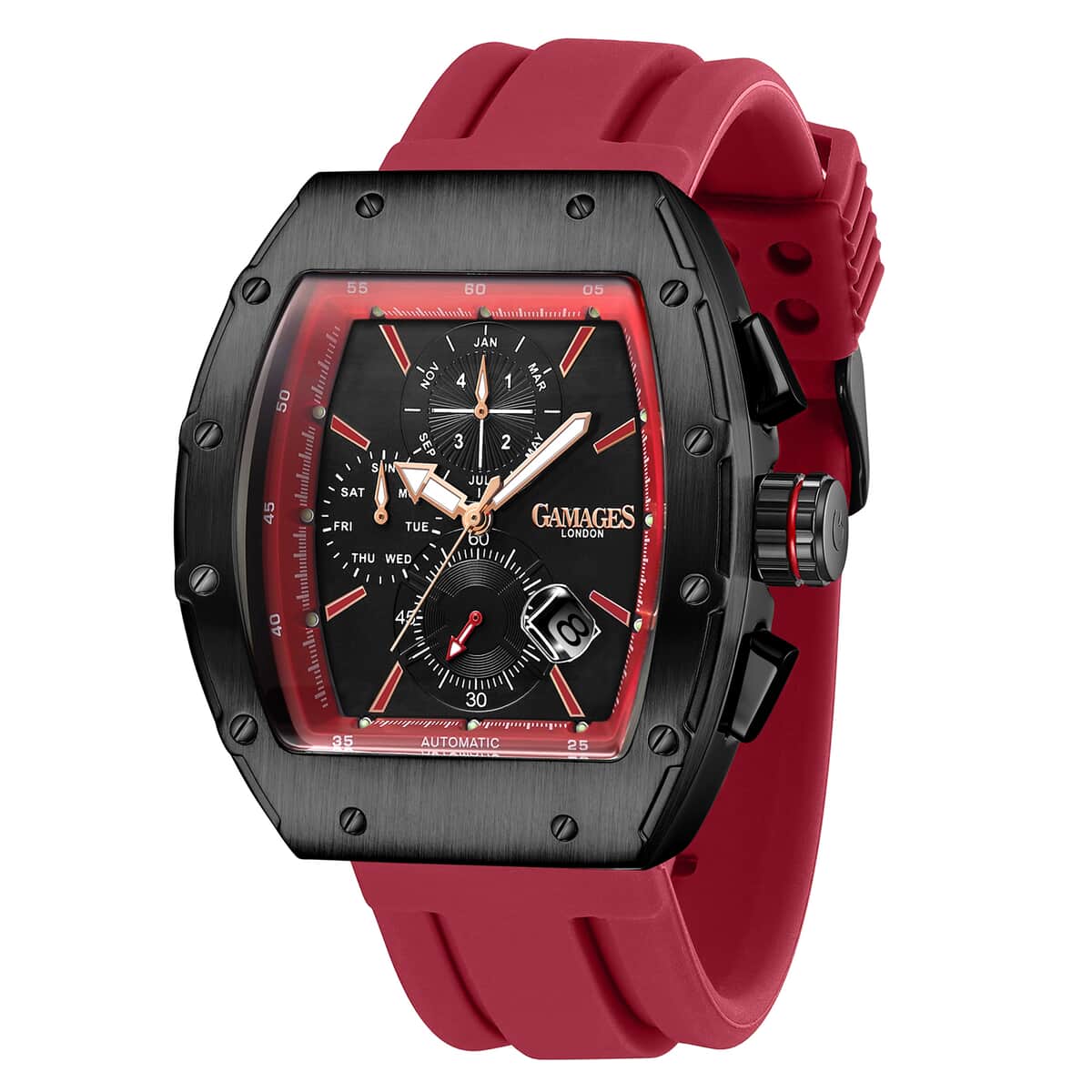 GAMAGES OF LONDON Limited Edition Hand Assembled Icon Automatic Movement Red Silicone Strap Watch in ION Plated Black (43mm) FREE GIFT PEN image number 2