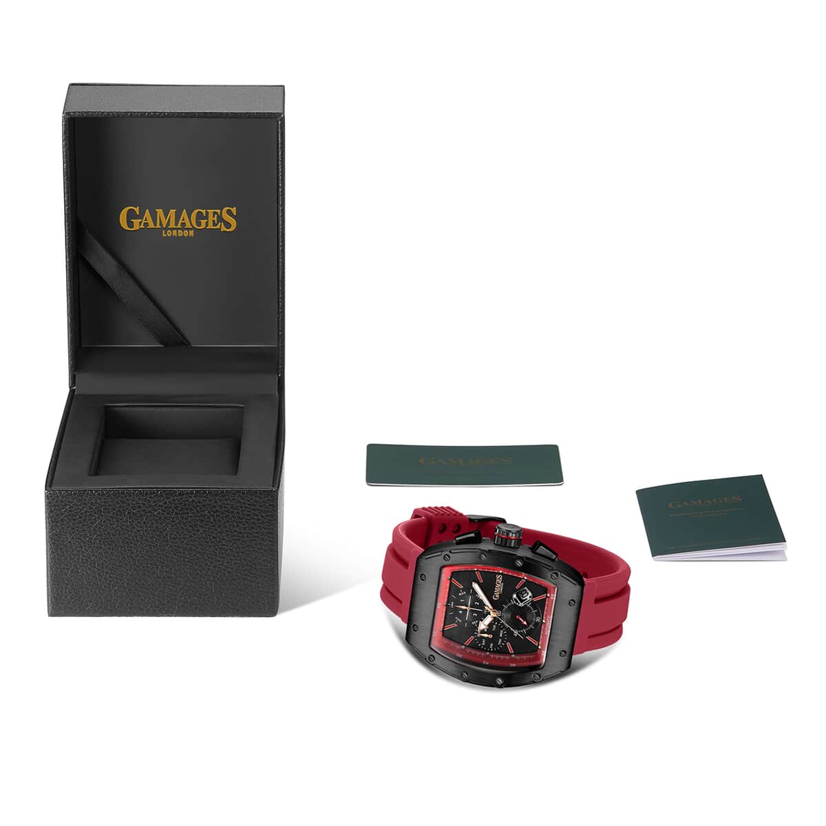 GAMAGES OF LONDON Limited Edition Hand Assembled Icon Automatic Movement Red Silicone Strap Watch in ION Plated Black (43mm) FREE GIFT PEN image number 5