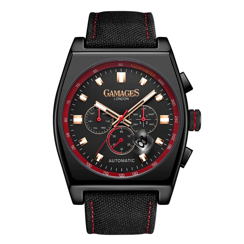 Gamages of London Limited Edition Hand Assembled Retro Calibre Automatic Movement Nylon Strap Watch in ION Plated Black (45mm) with FREE GIFT PEN