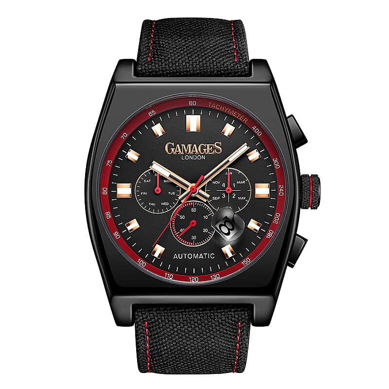 Gamages of London Limited Edition Hand Assembled Retro Calibre Automatic Movement Nylon Strap Watch in ION Plated Black (45mm) with FREE GIFT PEN
