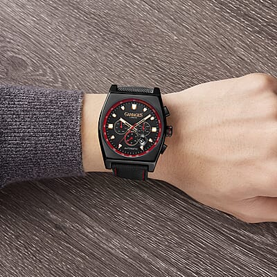 Gamages of London Limited Edition Hand Assembled Retro Calibre Automatic Movement Nylon Strap Watch in ION Plated Black (45mm) with FREE GIFT PEN