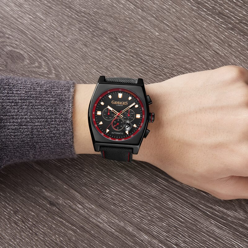 Gamages of London Limited Edition Hand Assembled Retro Calibre Automatic Movement Nylon Strap Watch in ION Plated Black (45mm) with FREE GIFT PEN