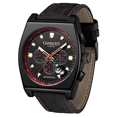 Gamages of London Limited Edition Hand Assembled Retro Calibre Automatic Movement Nylon Strap Watch in ION Plated Black (45mm) with FREE GIFT PEN