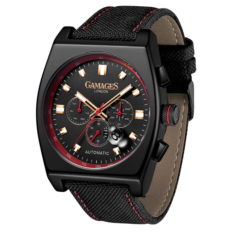 Gamages of London Limited Edition Hand Assembled Retro Calibre Automatic Movement Nylon Strap Watch in ION Plated Black (45mm) with FREE GIFT PEN