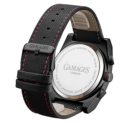 Gamages of London Limited Edition Hand Assembled Retro Calibre Automatic Movement Nylon Strap Watch in ION Plated Black (45mm) with FREE GIFT PEN