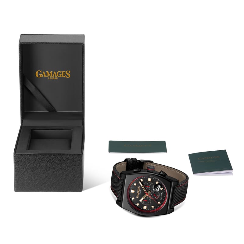 Gamages of London Limited Edition Hand Assembled Retro Calibre Automatic Movement Nylon Strap Watch in ION Plated Black (45mm) with FREE GIFT PEN
