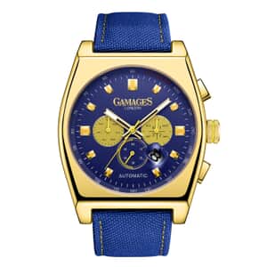 Gamages of London Limited Edition Hand Assembled Retro Calibre Automatic Movement Blue Nylon Strap Watch in ION Plated YG (45mm) with FREE GIFT PEN