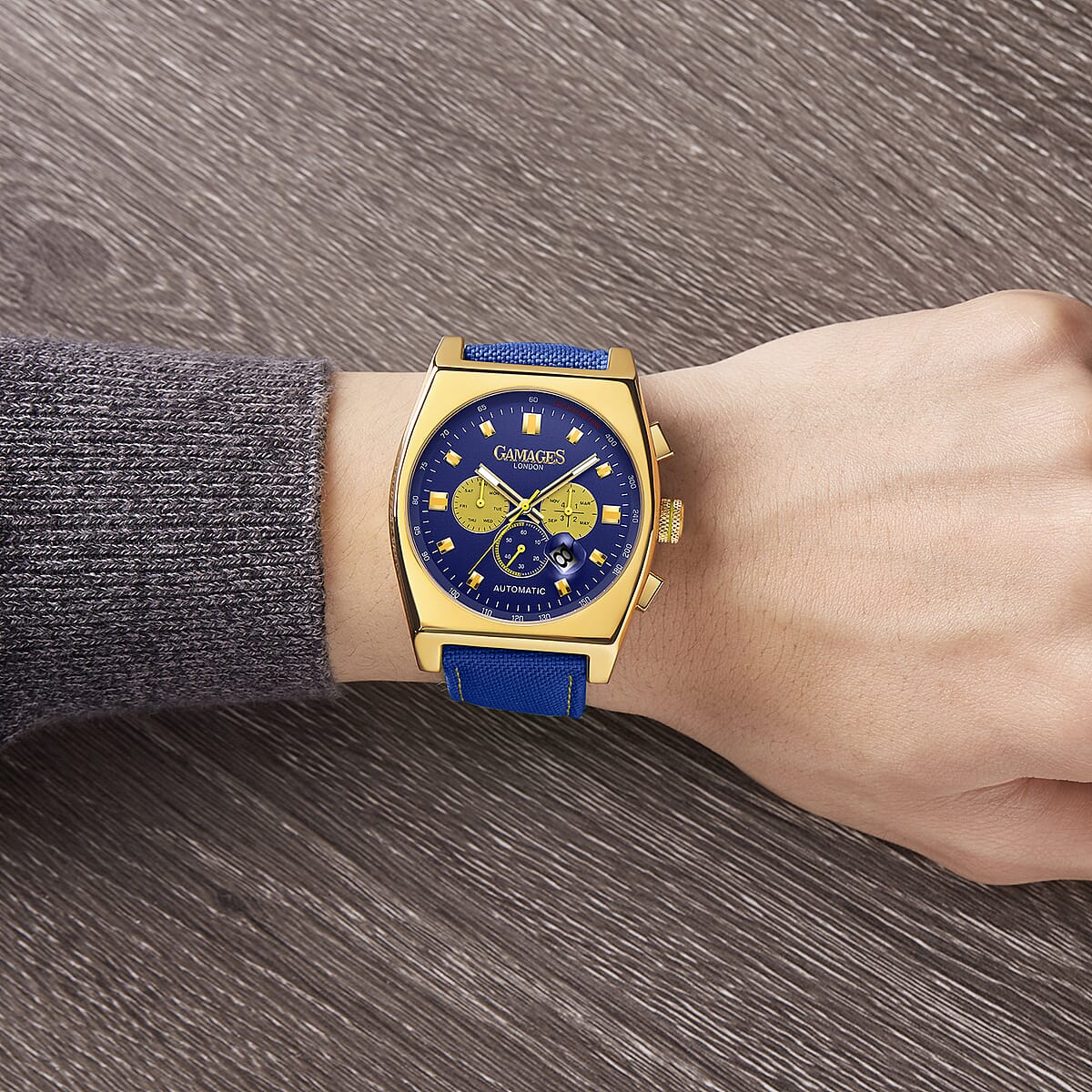 Gamages of London Limited Edition Hand Assembled Retro Calibre Automatic Movement Blue Nylon Strap Watch in ION Plated YG (45mm) with FREE GIFT PEN image number 1