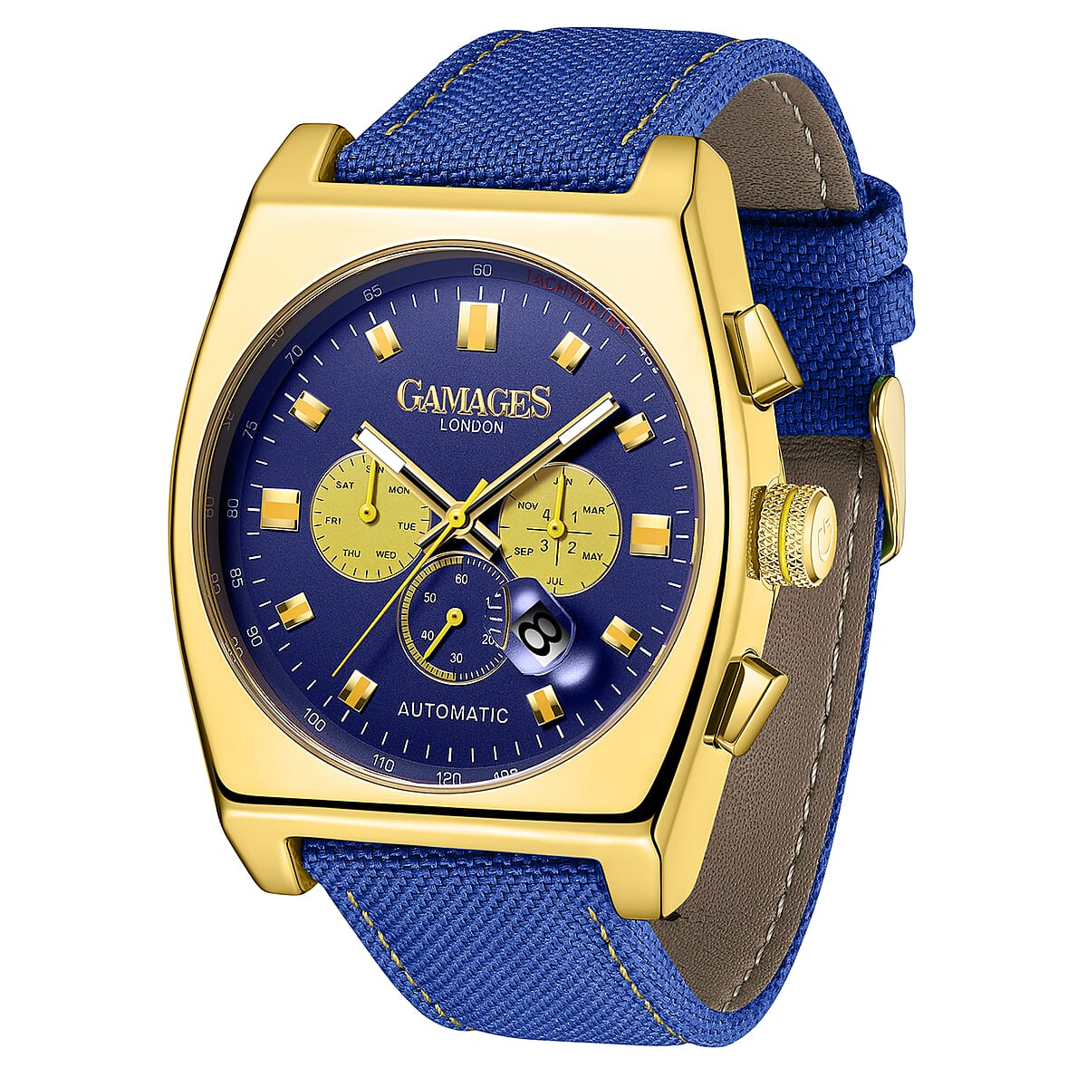 Gamages of London Limited Edition Hand Assembled Retro Calibre Automatic Movement Blue Nylon Strap Watch in ION Plated YG (45mm) with FREE GIFT PEN image number 2