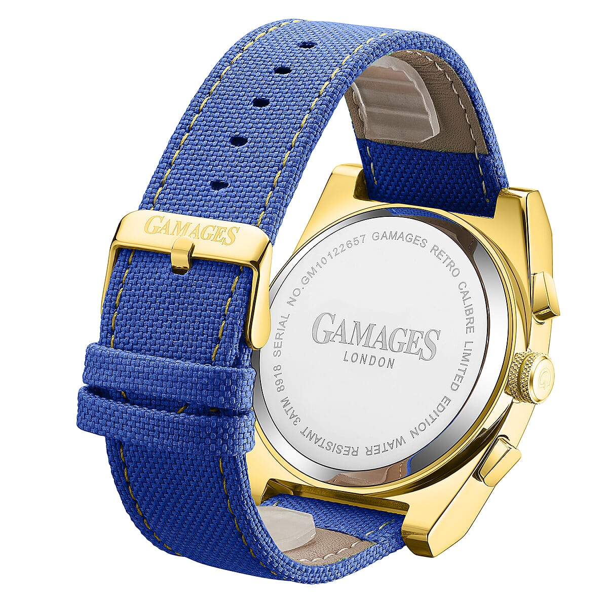 Gamages of London Limited Edition Hand Assembled Retro Calibre Automatic Movement Blue Nylon Strap Watch in ION Plated YG (45mm) with FREE GIFT PEN image number 3