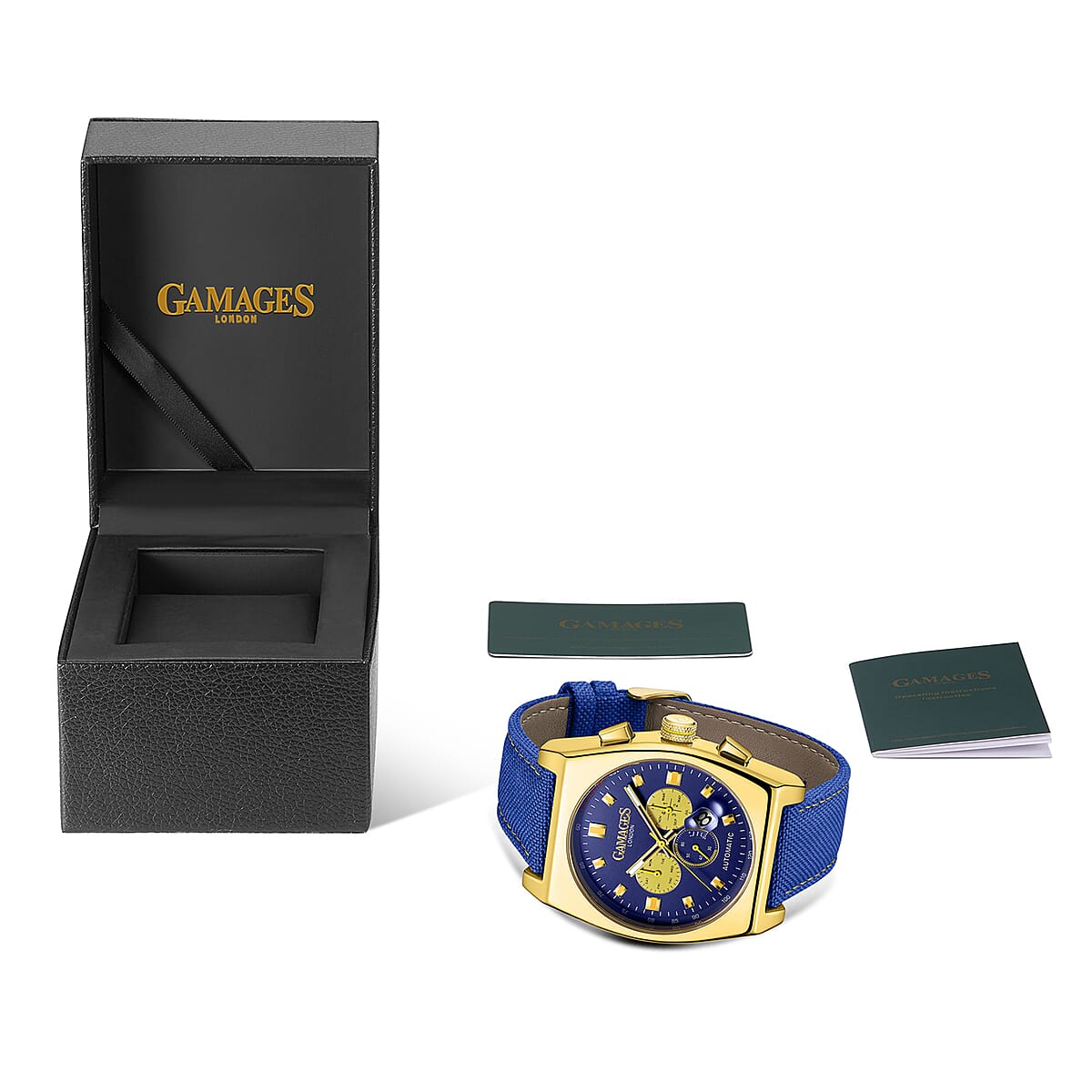 Gamages of London Limited Edition Hand Assembled Retro Calibre Automatic Movement Blue Nylon Strap Watch in ION Plated YG (45mm) with FREE GIFT PEN image number 4