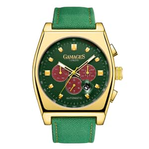 Gamages of London Limited Edition Hand Assembled Retro Calibre Automatic Movement Green Nylon Strap Watch in ION Plated YG (45mm) with FREE GIFT PEN